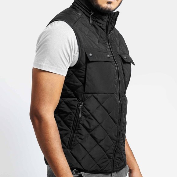 OLGYN Men’s Faux Leather Trim Quilted Black Vest - Picture 3 of 4